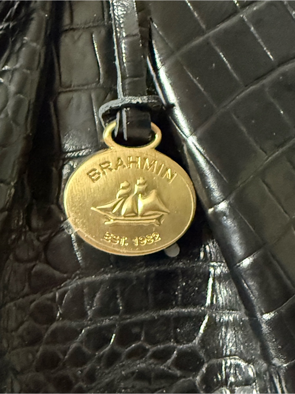 Brahmin Black Croc Embossed Leather Satchel/Shoulder Bag Large Gold Hardware - Picture 3 of 16